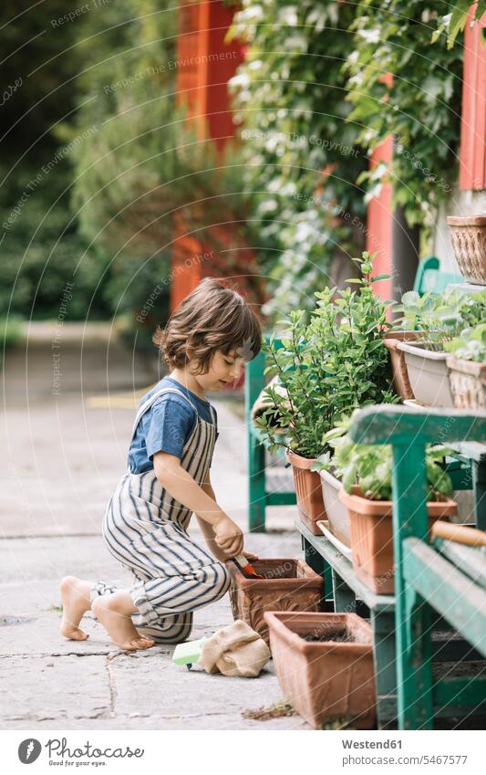 Süßer Junge gärtnert im Garten, während er im Garten sitzt Farbaufnahme Farbe Farbfoto Farbphoto Außenaufnahme außen draußen im Freien Tag Tageslichtaufnahme