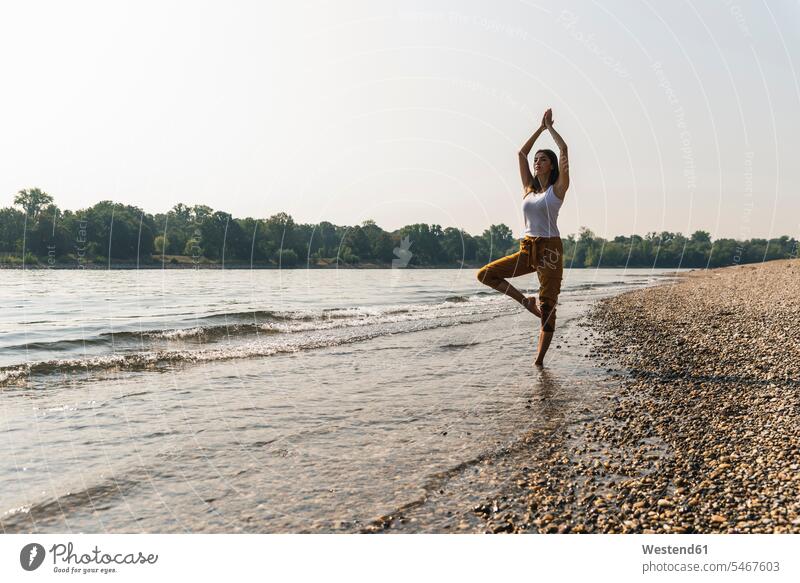 Junge Frau, die im Wasser eines Flusses steht und Yoga praktiziert stehen stehend Fluesse Fluß Flüsse weiblich Frauen Gewässer Erwachsener erwachsen Mensch