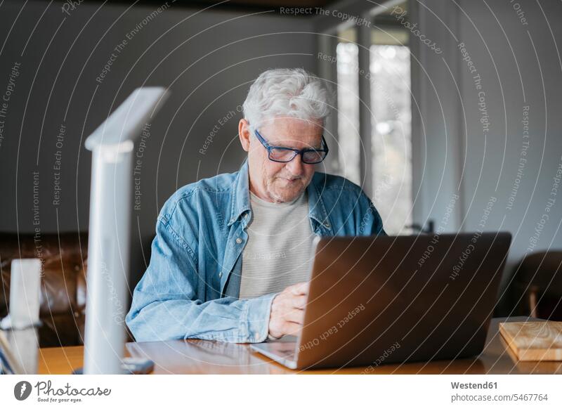 Älterer Mann benutzt Laptop zu Hause Farbaufnahme Farbe Farbfoto Farbphoto Innenaufnahme Innenaufnahmen innen drinnen Tag Tageslichtaufnahme Tageslichtaufnahmen