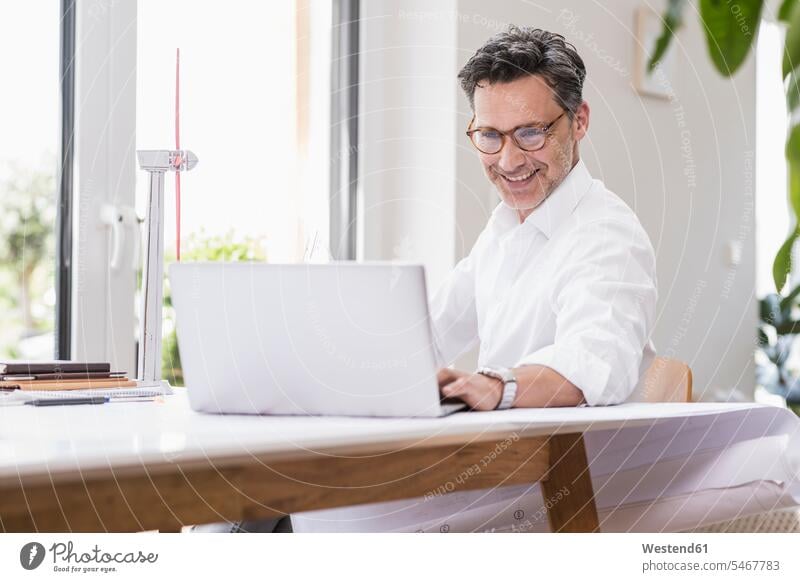 Geschäftsmann im Büro sitzen, Laptop benutzen, Modell eines Windrads betrachten Job Berufe Berufstätigkeit Beschäftigung Jobs Techniken Technologie Anlagenbau