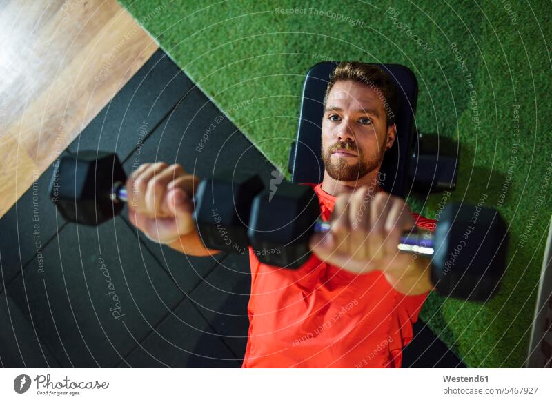 Mann trainiert mit Hanteln in einer Turnhalle trainieren Workout Handhantel Handhanteln Gewichtstraining Gewichtheben Fitnessstudio Fitnessclubs Fitnessstudios