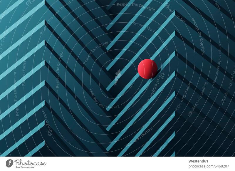 Dreidimensionale Darstellung einer kleinen roten Kugel, die über ein geometrisches Muster rollt digital erstelltes Bild Digitales Bild digital erzeugt