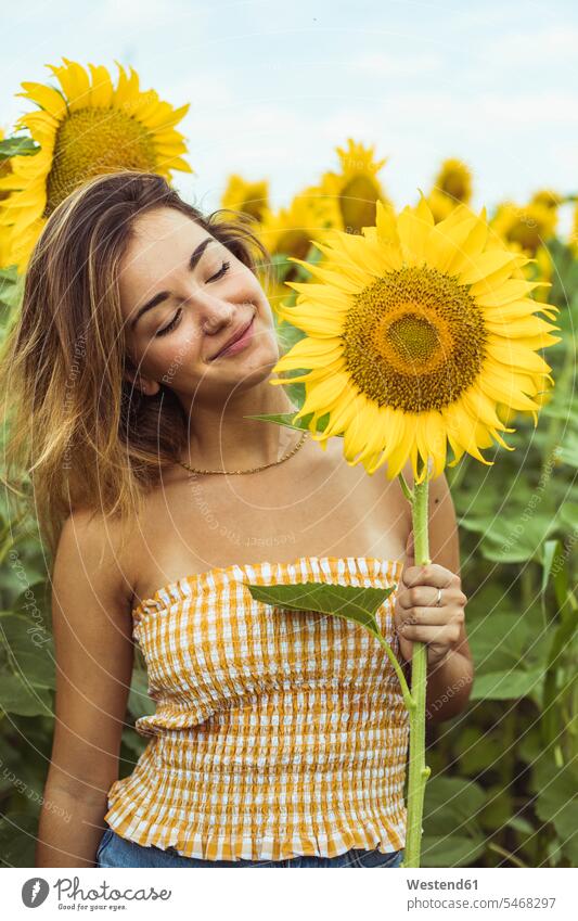 Junge Frau lächelnd hält eine Sonnenblume Sonnenblumen Helianthus annuus Freiheit frei Augen geschlossen geschlossene Augen Frieden friedlich glücklich Glück