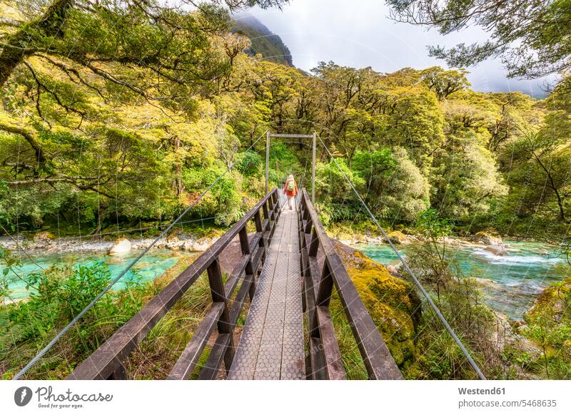 Wanderin beim Überqueren der Drehbrücke über den Fluss, Fiordland National Park, Südinsel, Neuseeland Leute Menschen People Person Personen Europäisch Kaukasier