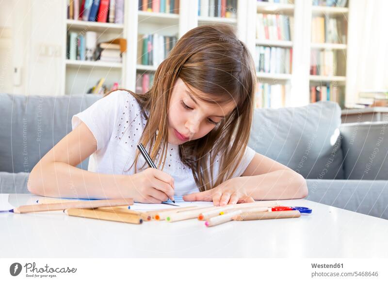 Porträt eines Mädchens, das zu Hause mit Farbstift zeichnet Bilder Bildnis Zeichnungen Kinderzeichnungen Couch Couches Liege Sofas Ablage Regale Bücherregale