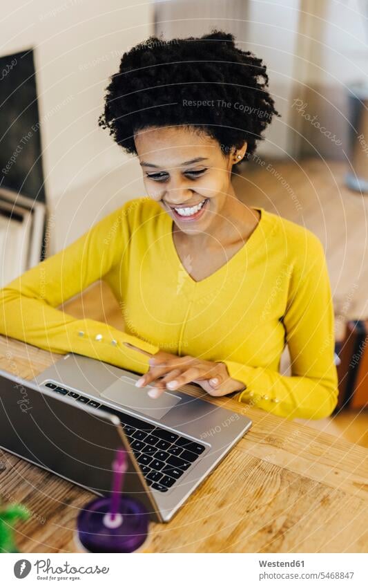 Junge Frau sitzt am Schreibtisch und benutzt einen Laptop Zuhause zu Hause daheim studieren lernen Websurfen Im Net surfen Surfen Notebook Laptops Notebooks