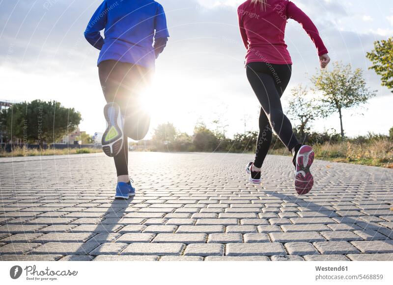 Frauen laufen zusammen im Park rennen früh Frühe Morgen Muße fit gesund Gesundheit Jogging Dynamik dynamisch Power Miteinander Zusammen Anreiz Ansporn Antrieb