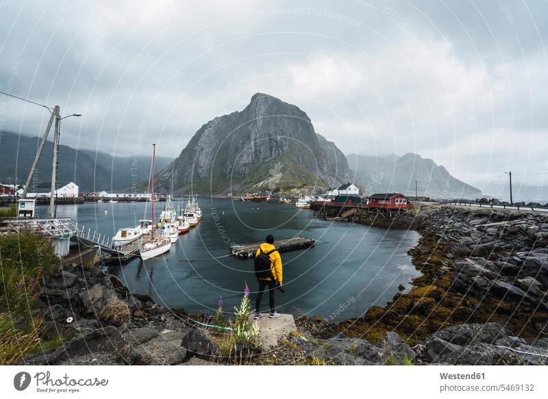 Norwegen, Lofoten, Rückansicht eines an der Küste stehenden Mannes Männer männlich Kueste Kuesten Küsten steht Erwachsener erwachsen Mensch Menschen Leute