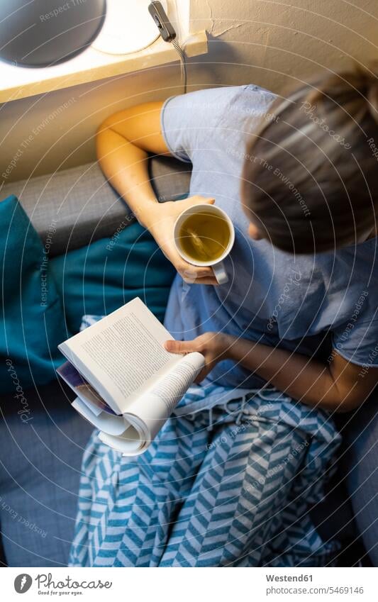 Draufsicht einer jungen Frau, die zu Hause auf der Couch ein Buch liest Leute Menschen People Person Personen Alleinstehende Alleinstehender Singles