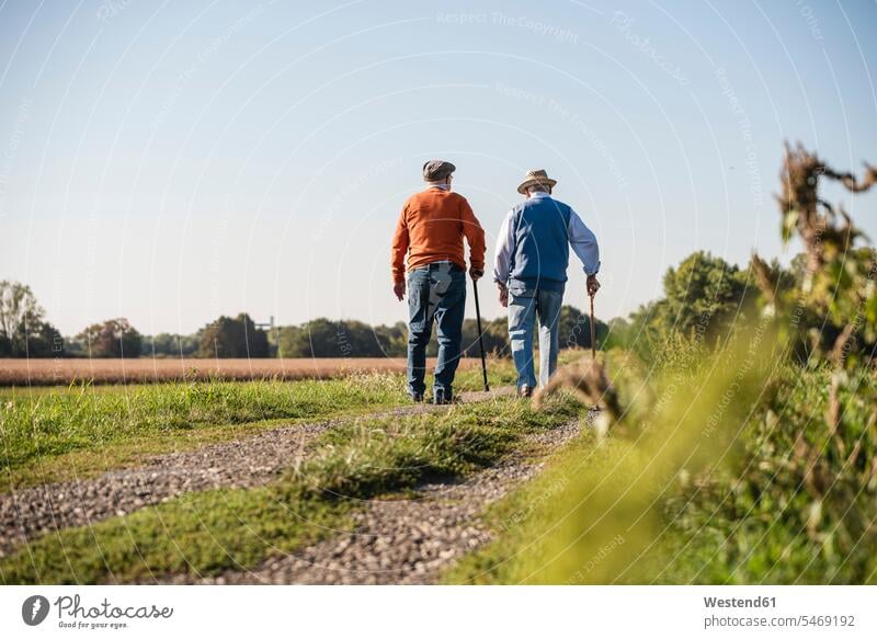 Zwei alte Freunde bei einem Spaziergang durch die Felder, die über alte Zeiten reden gehen gehend geht Beste Freunde Bester Freund Freundschaft Kameradschaft