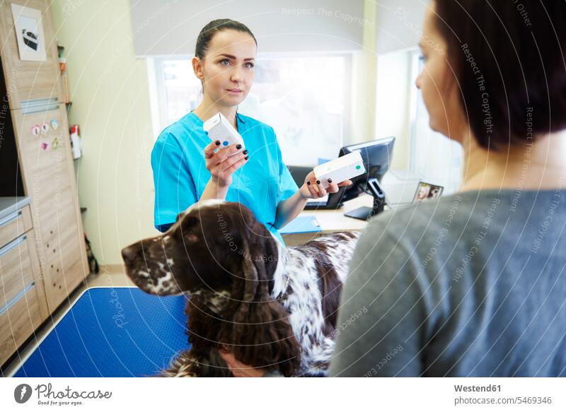 Weibliche Tierärztin, die dem Hundebesitzer in der Tierarztpraxis Medikamente verabreicht Arzneimittel Medizin Tierarztpraxen geben überreichen Tierärztinnen