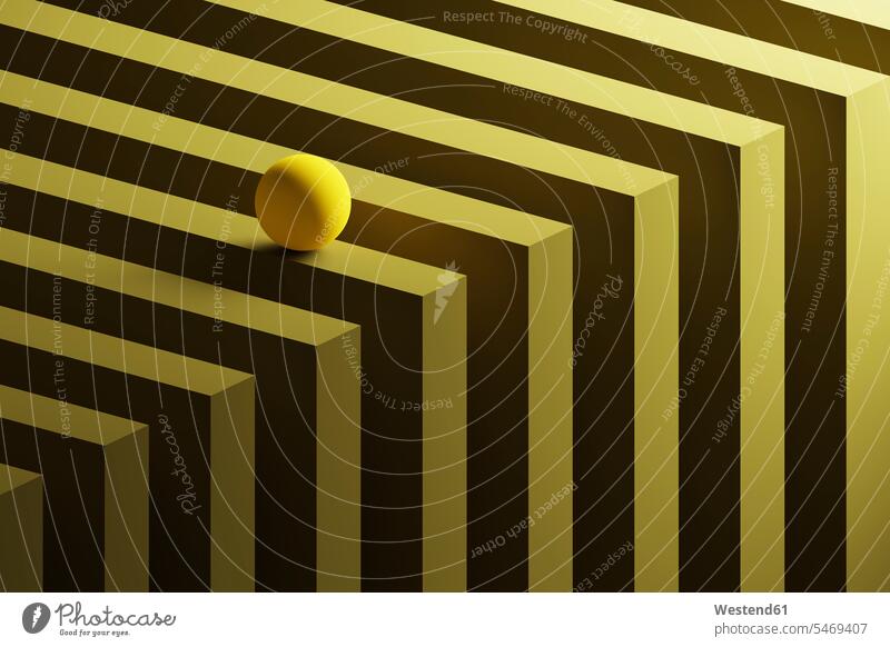 Dreidimensionale Wiedergabe einer kleinen gelben Kugel, die über ein geometrisches Muster rollt digital erstelltes Bild Digitales Bild digital erzeugt