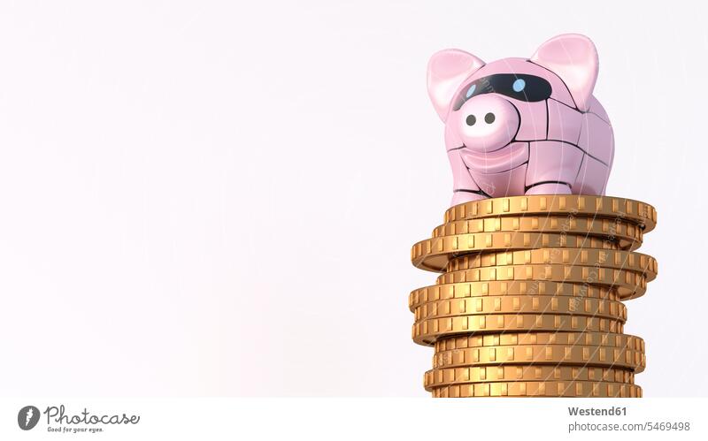 Rendering von rosa Roboter-Sparschwein auf Stapel von Münzen Sparbuechse Sparbuechsen Sparbüchsen Spardose Spardosen Sparschweine Masken Farben Farbtoene