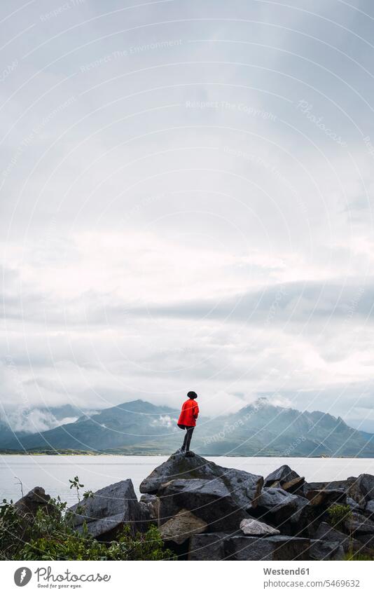 Norwegen, Insel Senja, Rückansicht eines Mannes, der auf einem Felsen an der Küste steht Kueste Kuesten Küsten Männer männlich stehen stehend Gestein Steine