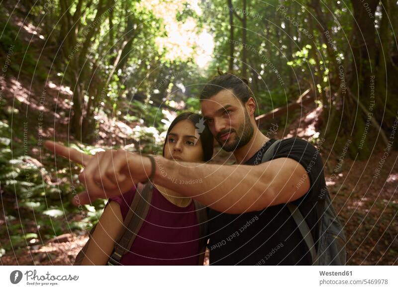 Spanien, Kanarische Inseln, La Palma, Ehepaar in einem Wald mit einem Mann, der mit dem Finger zeigt Forst Wälder deuten Paar Pärchen Paare Partnerschaft