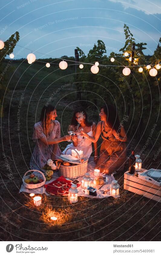 Freunde beim Picknick in einer Sommernacht in einem Weinberg feiern Abend abends Sommerzeit sommerlich Kerzenlicht Kerzenschein Freundinnen picknicken