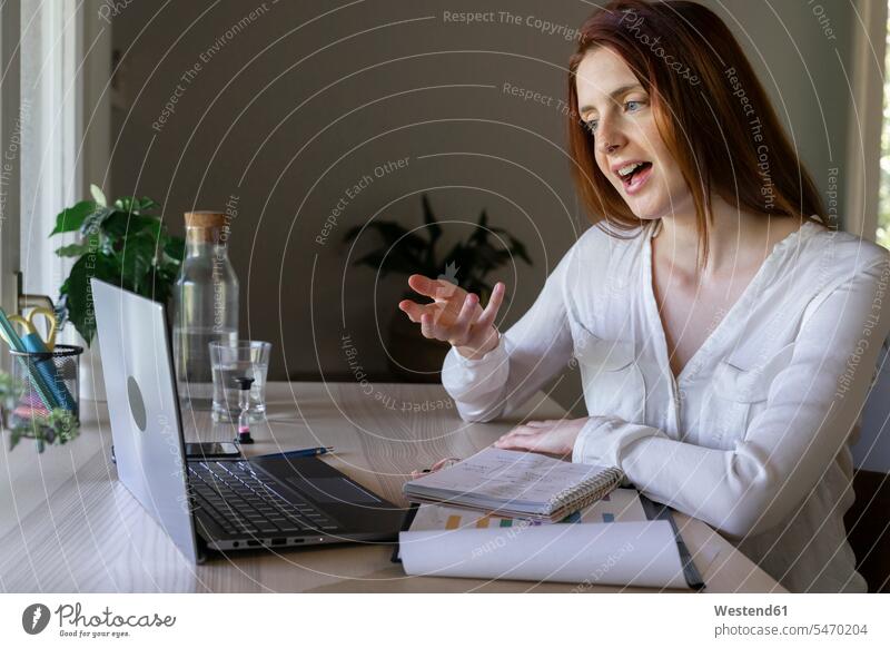Arzt diskutiert per Videoanruf über Laptop, während er zu Hause sitzt Farbaufnahme Farbe Farbfoto Farbphoto Innenaufnahme Innenaufnahmen innen drinnen Tag