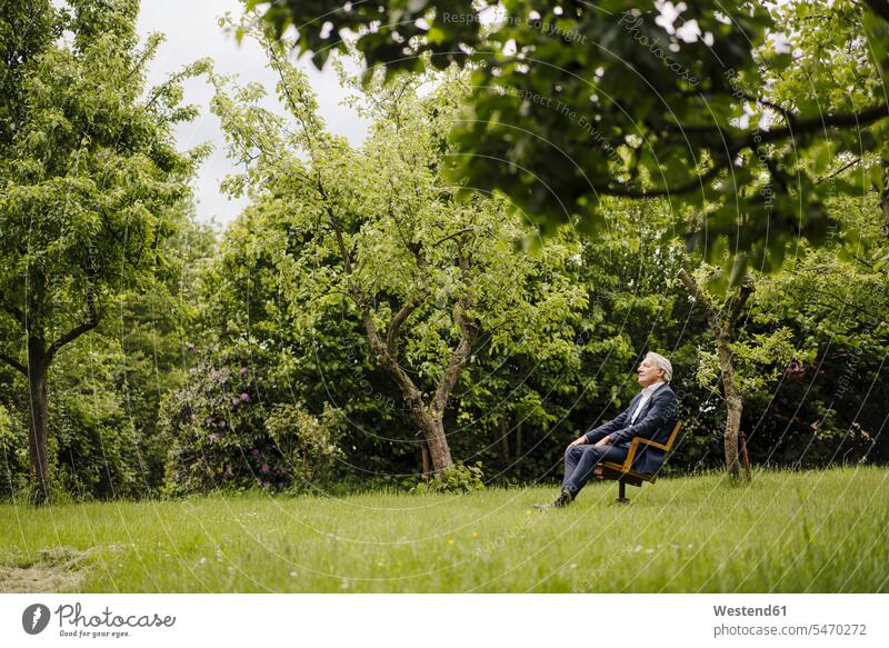 Leitender Geschäftsmann sitzt auf einem Stuhl in einem ländlichen Garten geschäftlich Geschäftsleben Geschäftswelt Geschäftsperson Geschäftspersonen