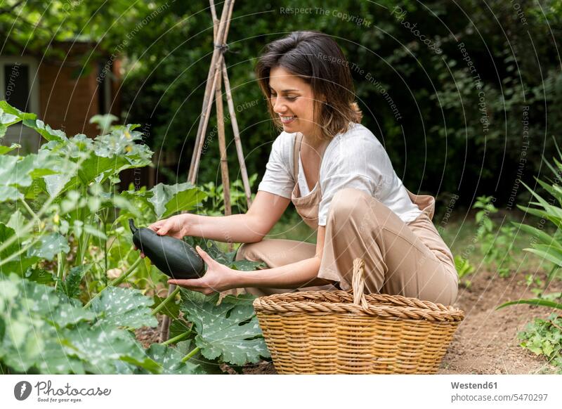 Lächelnde junge Frau pflückt während der Ausgangssperre Aubergine im Gemüsegarten Farbaufnahme Farbe Farbfoto Farbphoto Spanien Latzhose Außenaufnahme außen