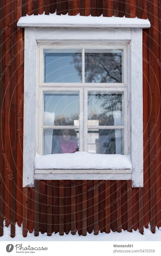 Finnland, Kuopio, kleines Mädchen schaut aus dem Fenster des Bauernhauses im Winter schauen sehend weiblich Farmhäuser Bauernhäuser Farmhaus winterlich