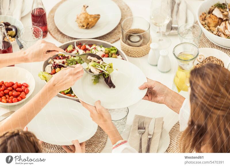 Nahaufnahme von Familie und Freunden beim gemeinsamen Mittagessen mit Salat Kameradschaft Tische Esstische Gedecke Gedeckte Tische daheim zu Hause Miteinander