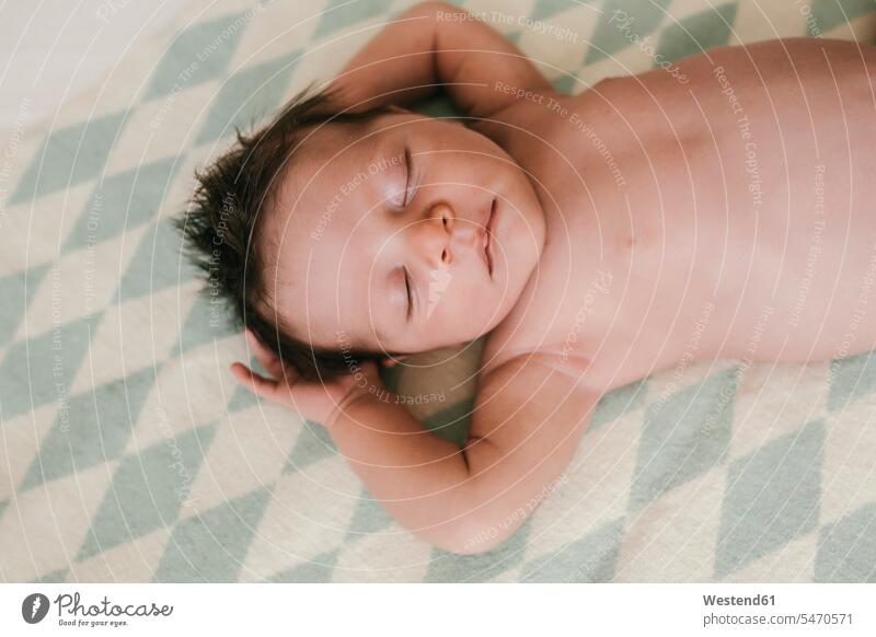 Porträt eines neugeborenen Baby-Jungen auf einer Decke liegend mit geschlossenen Augen Portrait Porträts Portraits liegt Decken Neugeborene Neugeborenes Babies