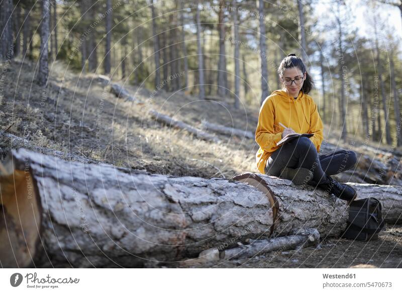 Junge Frau mit gelbem Pullover im Wald, schreibend Tagebuch Tagebücher Tagebuecher weiblich Frauen Notizbuch Notizbücher Notizbuecher Wanderin Wanderinnen