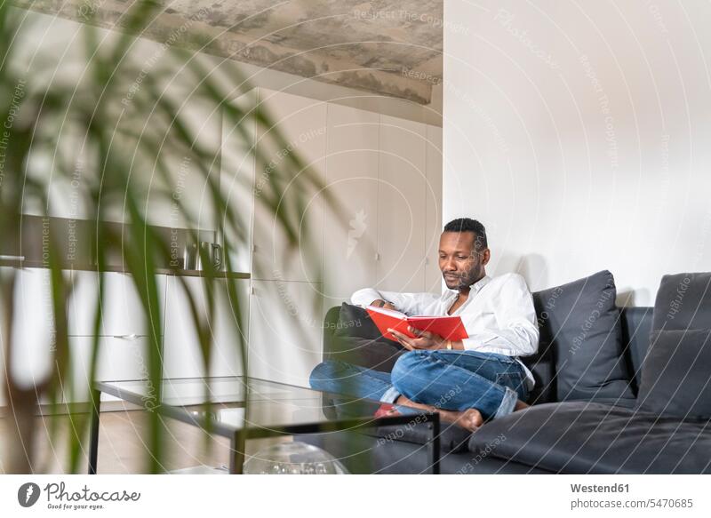 Porträt eines Mannes, der auf einer Couch in einer modernen Wohnung sitzt und ein Buch liest Bücher Couches Liege Sofas entspannen relaxen Lektüre sitzend