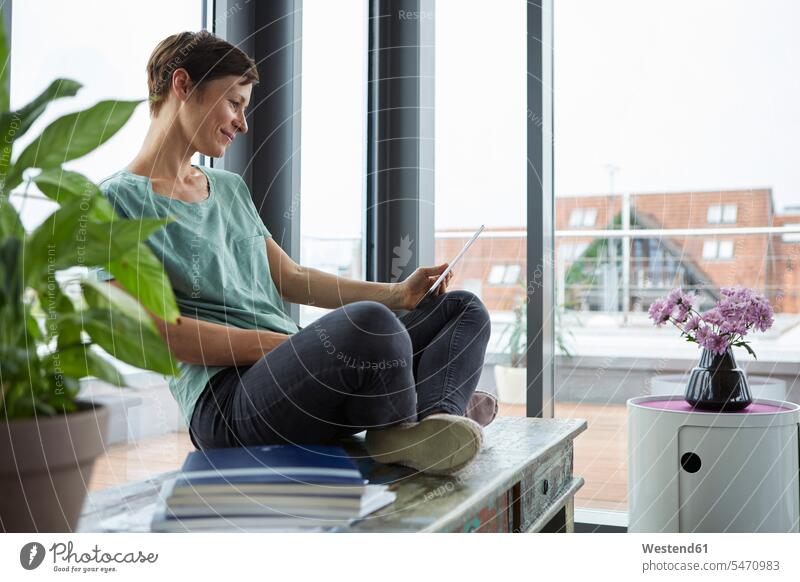 Lächelnde Frau sitzt zu Hause mit Tablette am Fenster Zuhause daheim sitzen sitzend weiblich Frauen Tablet Computer Tablet-PC Tablet PC iPad Tablet-Computer