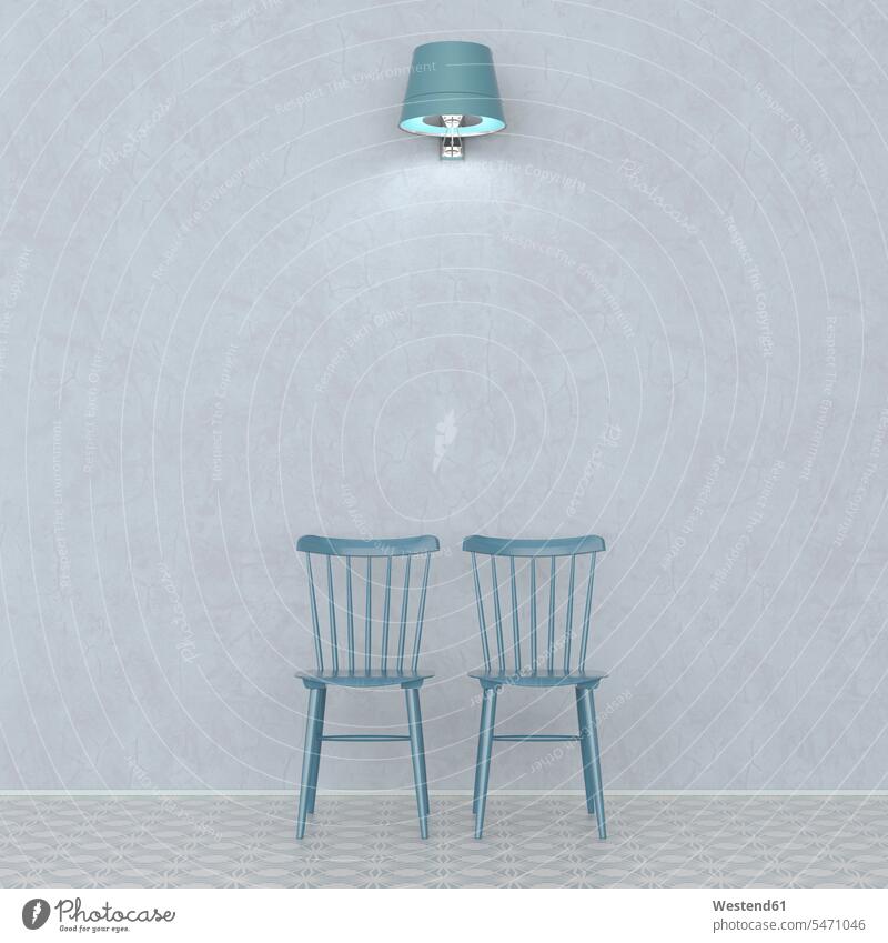 3D-Rendering, Zwei Stühle vorne an der Wand, beleuchtet von einer Wandleuchte Lampe Leuchte Lampen Beleuchtung Zwei Gegenstände 2 Zwei Gegenstaende zwei