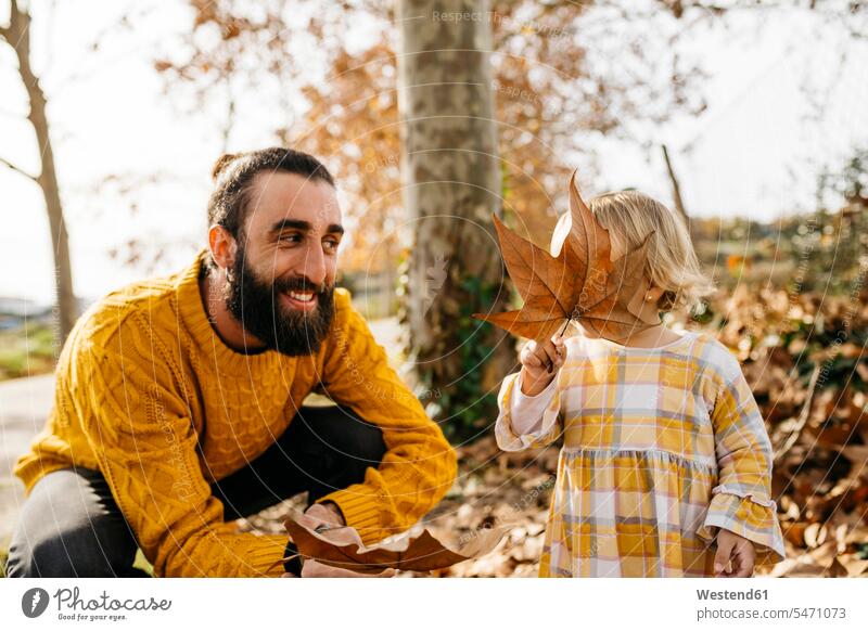 Vater und Tochter genießen einen Morgen Tag im Park im Herbst, spielen mit Herbstlaub Papas Väter Vati Vatis Papis Blatt Blaetter Blätter Töchter Freude freuen