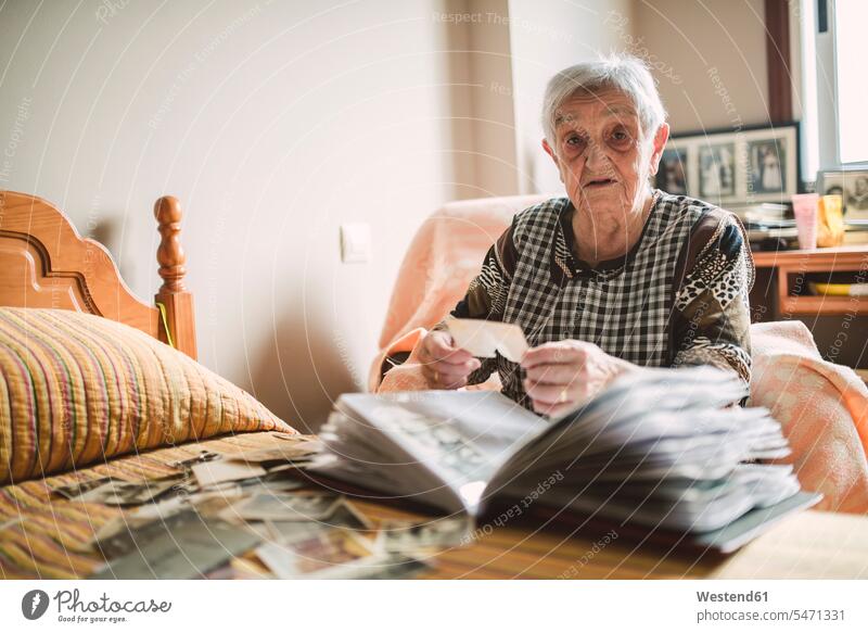 Porträt einer älteren Frau, die zu Hause alte Fotos in ein Fotoalbum einträgt hinzufügen Seniorin Seniorinnen Fotoalben altes alter Bild Bildnis Bilder Senioren