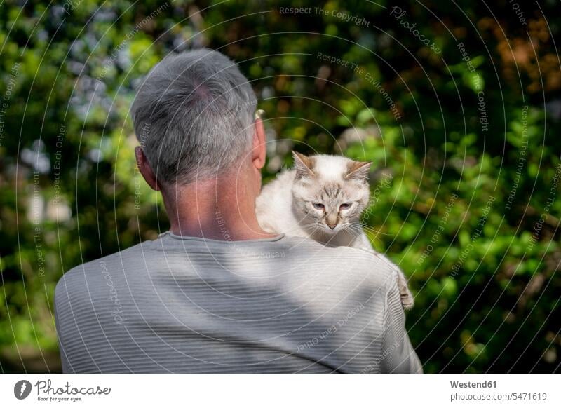 Rückansicht eines älteren Mannes, der seine Katze im Garten hält knuddeln schmusen entspannen relaxen entspanntheit relaxt innig nah Muße Miteinander Zusammen