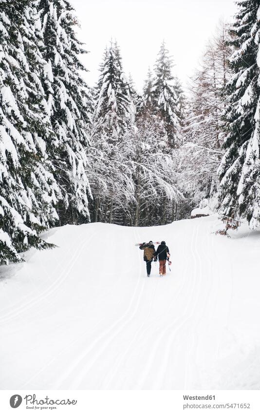 Italien, Modena, Cimone, Rückansicht eines Paares mit Skifahrern und Snowboard im Winterwald Skis Schi Schier Skier Snowboards gehen gehend geht winterlich
