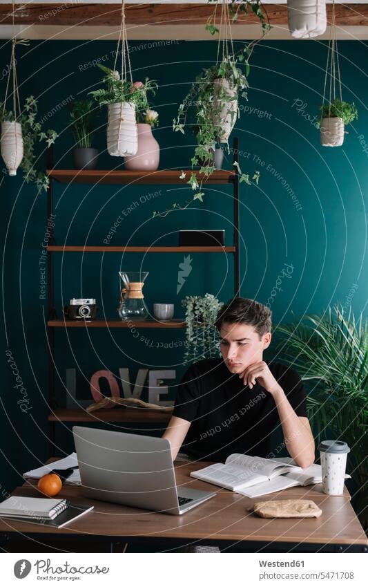 Hübscher junger Mann mit Laptop bei den Hausaufgaben am Tisch gegen Rack Farbaufnahme Farbe Farbfoto Farbphoto Innenaufnahme Innenaufnahmen innen drinnen Tag