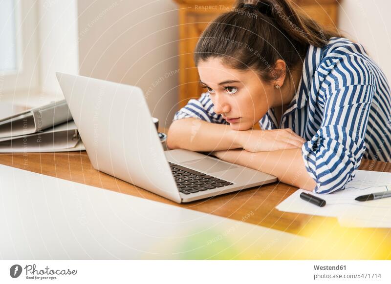 Junge Frau schaut zu Hause auf den Laptop auf dem Schreibtisch Notebook Laptops Notebooks Zuhause daheim ansehen weiblich Frauen Computer Rechner schauen sehend