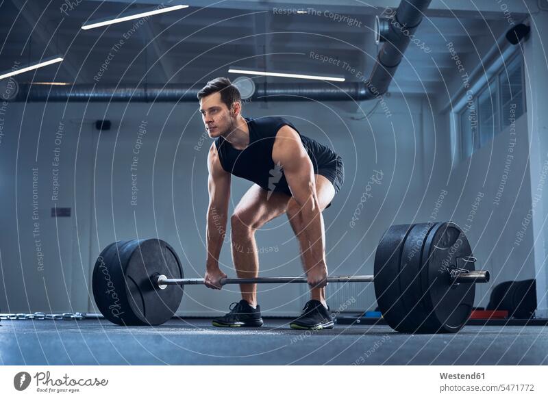 Mann beim Langhantel-Training im Fitnessstudio während des Gewichtheber-Trainings Fitnessclubs Fitnessstudios Turnhalle Workout heben Hantel Hanteln Langhanteln
