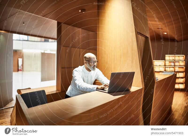 Älterer Mann arbeitet am Laptop am Arbeitsplatz in der Bibliothek arbeiten Arbeitsbereich Erwachsener Mensch Computer Laptop benutzen Wandverkleidung Professor