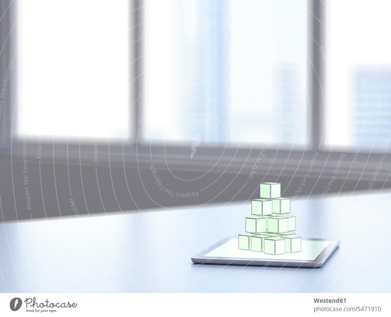 3D-Rendering, Stapel von Würfeln auf digitalem Tablett auf dem Schreibtisch Idee Ideen Eingebung Büro Office Büros Digitalisierung Online Übertragung