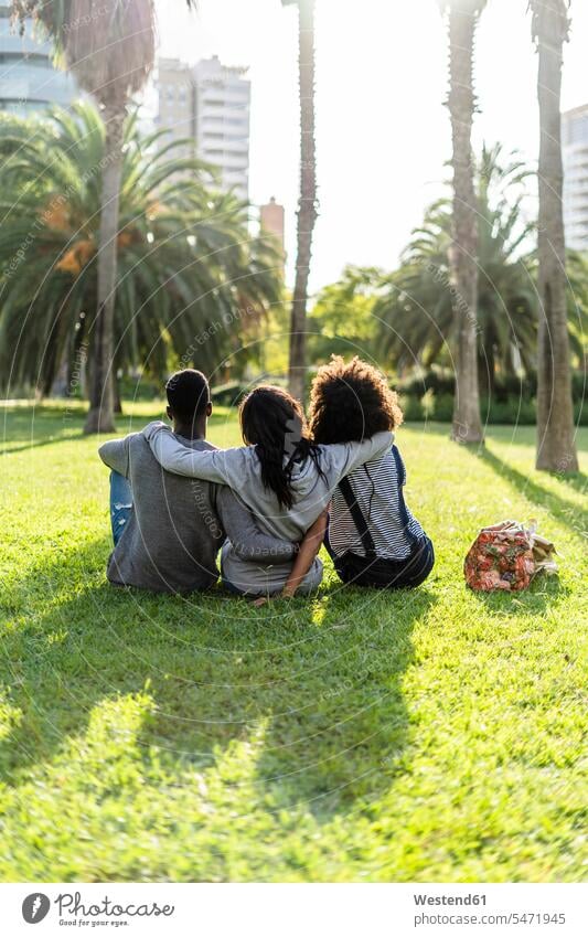 Drei Freunde sitzen in einem Park und beobachten den Sonnenuntergang Sonnenuntergänge Rasen Parkanlagen Parks sitzend sitzt betrachten betrachtend Stimmung