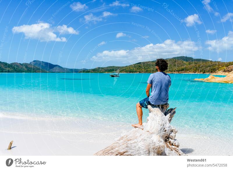 Australien, Queensland, Whitsunday Island, Mann sitzt auf Baumstamm am Whitehaven Beach Holzstamm Holzstämme Strand Straende Strände Beaches Männer männlich