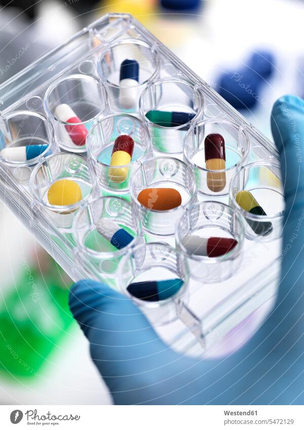 Pharmazeutische Forschung, Wissenschaftlerin hält eine Multiwell-Platte mit Medikamenten, die im Labor getestet werden sollen sortieren Sortierung einsortieren
