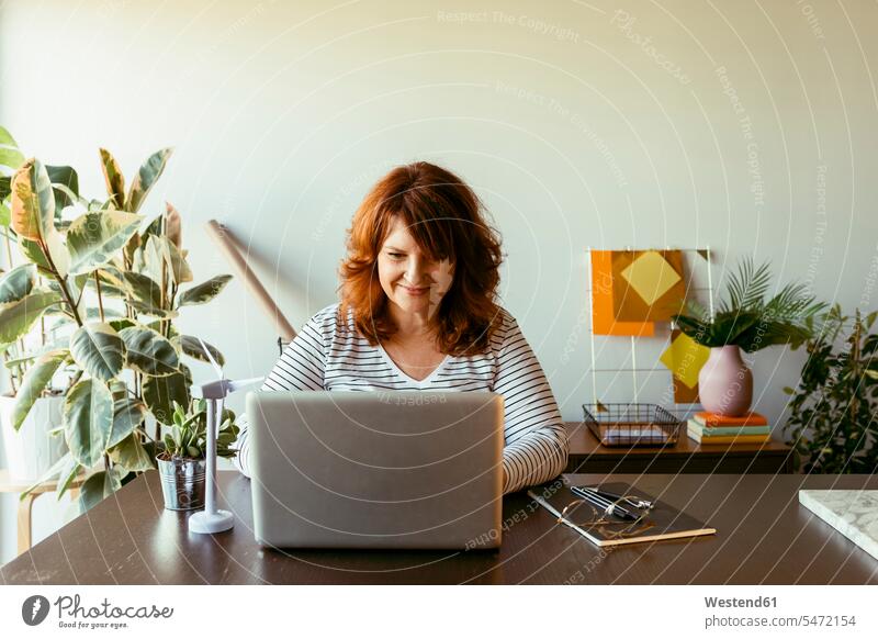 Reife Frau arbeitet am Laptop, während sie zu Hause am Tisch sitzt Farbaufnahme Farbe Farbfoto Farbphoto Innenaufnahme Innenaufnahmen innen drinnen Tag