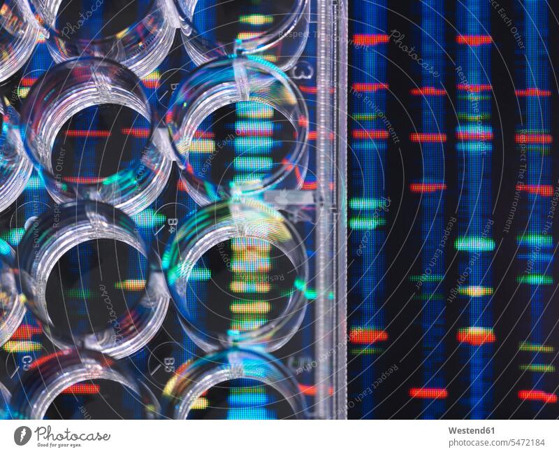 DNA-Forschung, DNA-Proben in einer Multi-Well-Platte bereit für die Analyse mit DNA-Ergebnissen im Hintergrund Gesundheit Gesundheitswesen medizinisch flüssig