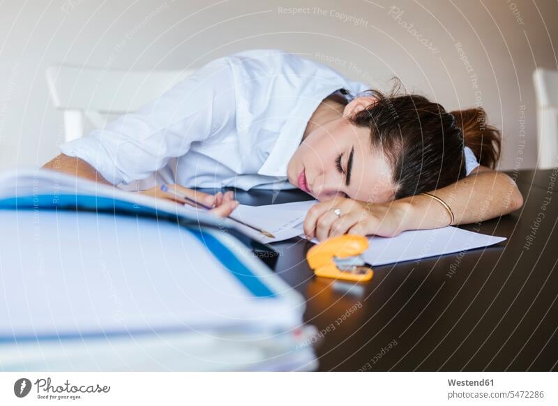 Erschöpfte Studentin zu Hause auf dem Schreibtisch liegend mit Unterlagen Papier lernen schlafen sitzen studieren Pessimismus Verzweiflung Zuhause müde