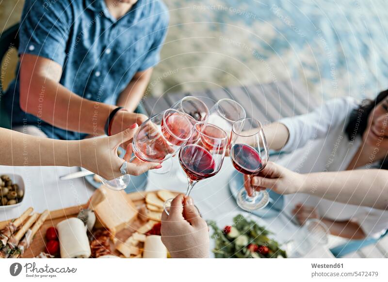 Freunde beim Abendessen an einem See mit klingenden Weingläsern Leute Menschen People Person Personen Europäisch Kaukasier kaukasisch Gruppe von Menschen