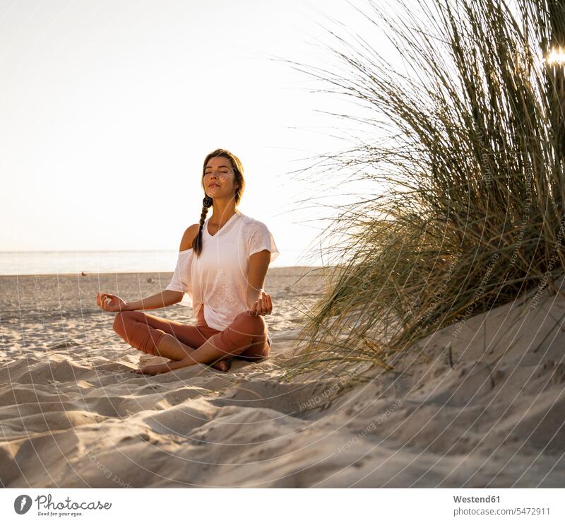 Schöne junge Frau, die Yoga praktiziert, während sie bei Sonnenuntergang an einer Pflanze im Sand am Strand vor klarem Himmel sitzt Farbaufnahme Farbe Farbfoto