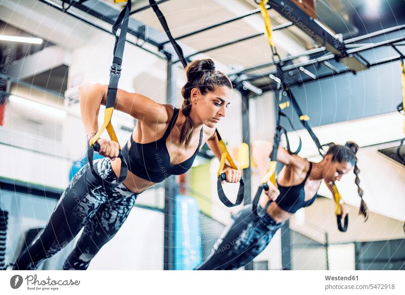 Zwillingsschwestern beim Suspensionstraining in der Turnhalle ausüben trainieren Übung fit gesund Gesundheit Muße Leistungen Dynamik dynamisch Power Miteinander
