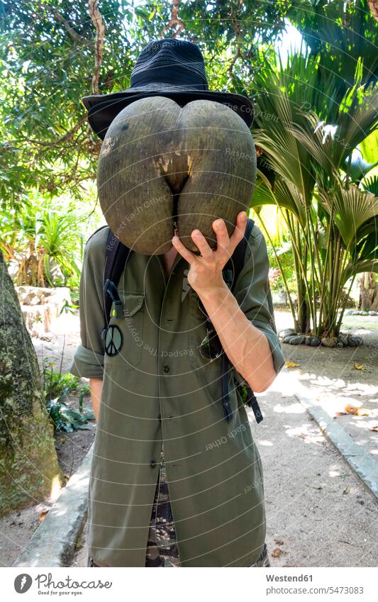 Seychellen, Mann versteckt sein Gesicht hinter riesigem Samen von Coco de Mer Hut Hüte Textfreiraum imposant beeindruckend Erholung erholen Gesicht verdeckt