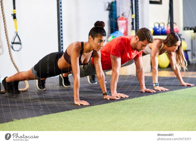Junge Leute beim Üben von Plank-Variationen in einer Turnhalle Sportler Sportlerin Sportlerinnen Spanien Ausrichtung Aufstellung Haltung Workout